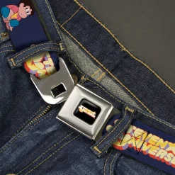 STEVEN UNIVERSE Title Logo Full Color Black Seatbelt Belt - STEVEN UNIVERSE Sitting Pose and Title Logo Navy Blue Webbing