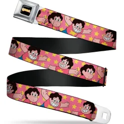 STEVEN UNIVERSE Title Logo Full Color Black Seatbelt Belt - Steven Universe Poses and Stars Pink/Yellow Webbing