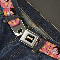 STEVEN UNIVERSE Title Logo Full Color Black Seatbelt Belt - Steven Universe Poses and Stars Pink/Yellow Webbing