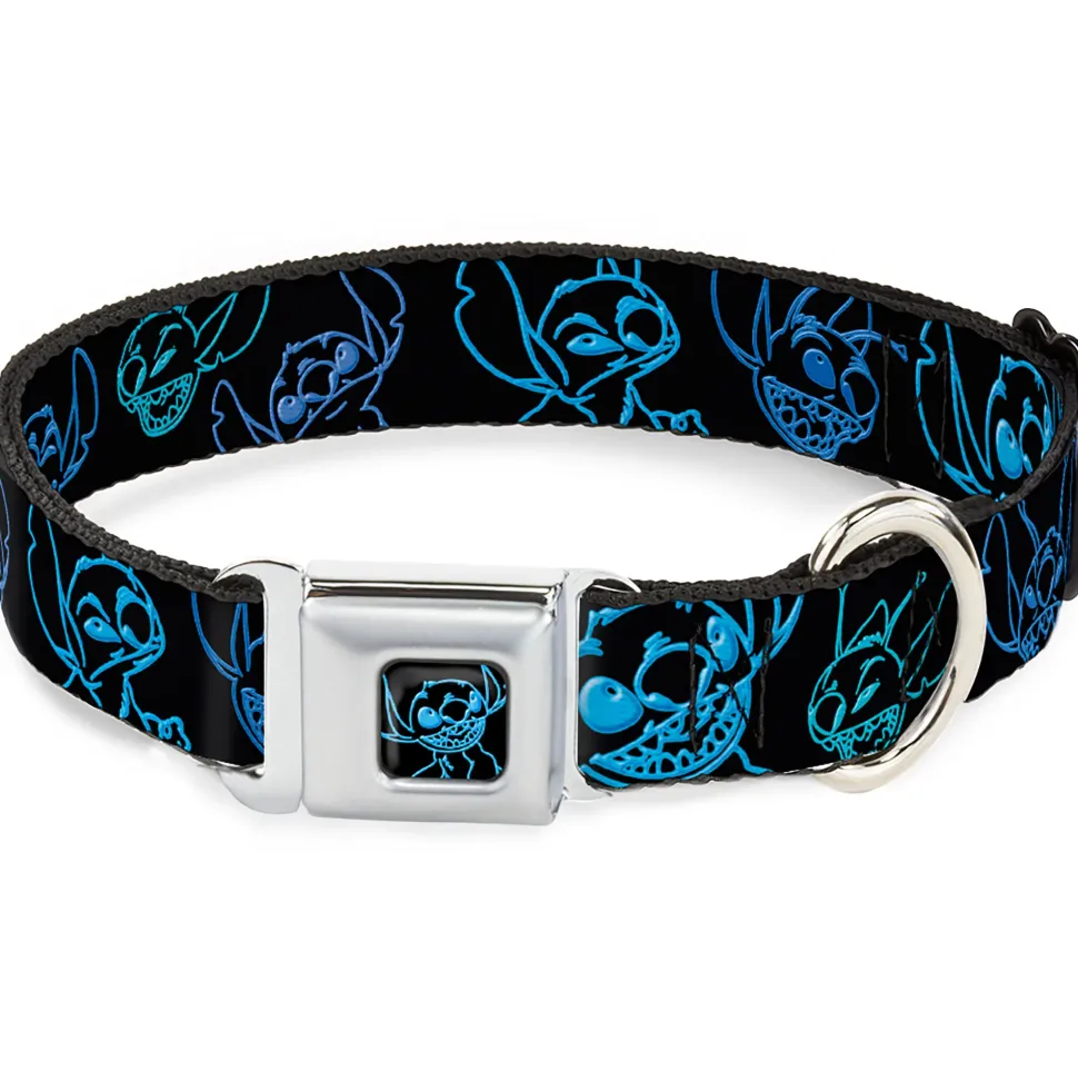 Stitch Pose Full Color Black/Neon Blue Seatbelt Buckle Collar - Electric Stitch Poses Black/Neon Blue