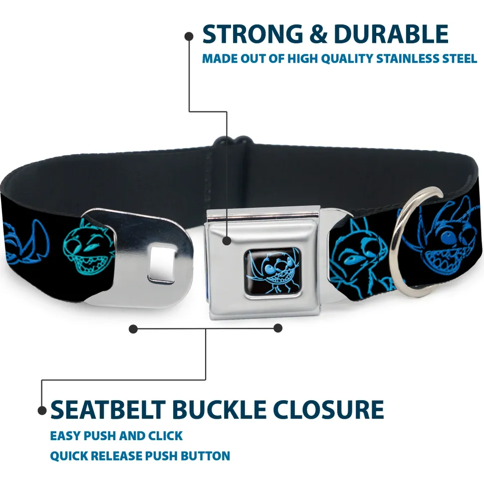 Stitch Pose Full Color Black/Neon Blue Seatbelt Buckle Collar - Electric Stitch Poses Black/Neon Blue
