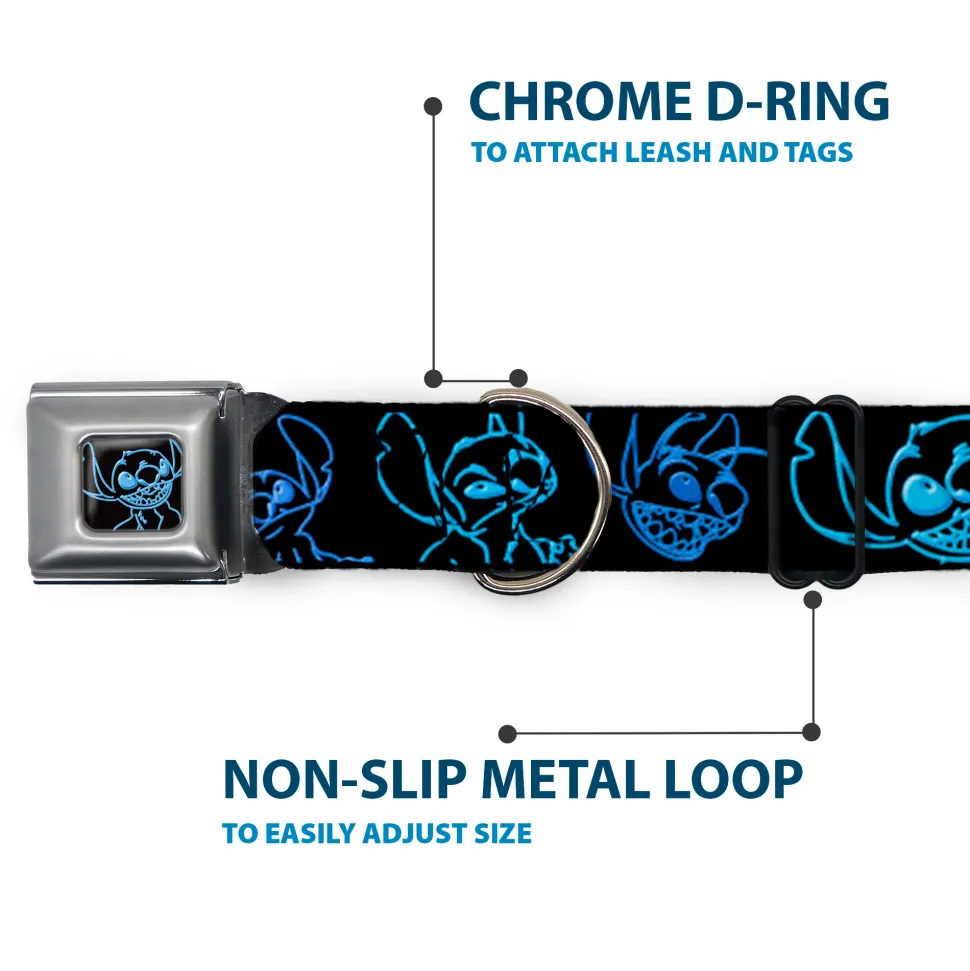 Stitch Pose Full Color Black/Neon Blue Seatbelt Buckle Collar - Electric Stitch Poses Black/Neon Blue