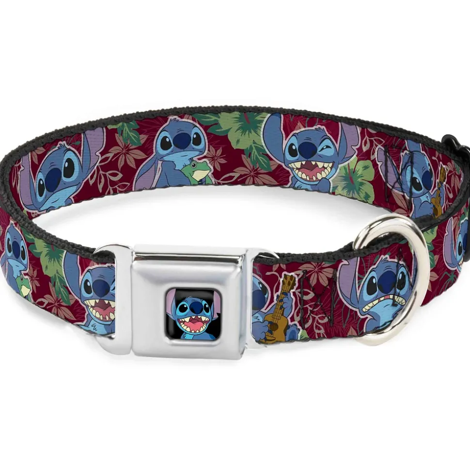 Stitch Smiling CLOSE-UP Full Color Black Seatbelt Buckle Collar - Stitch 6-Expressions Tropical Flora Burgundy Reds/Greens