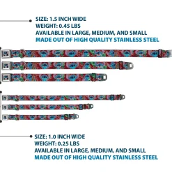 Stitch Smiling CLOSE-UP Full Color Black Seatbelt Buckle Collar - Stitch 6-Expressions Tropical Flora Burgundy Reds/Greens