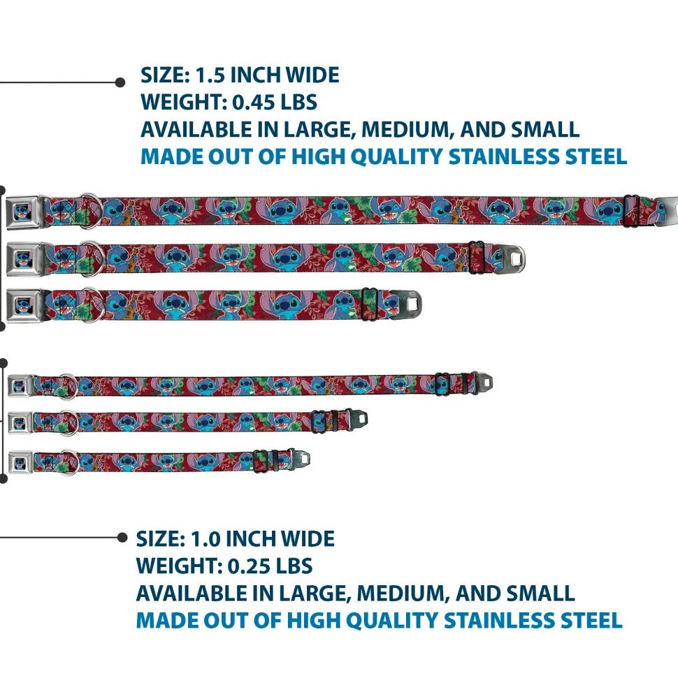 Stitch Smiling CLOSE-UP Full Color Black Seatbelt Buckle Collar - Stitch 6-Expressions Tropical Flora Burgundy Reds/Greens