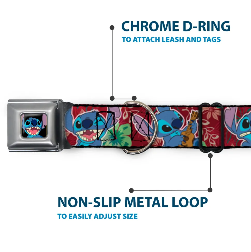 Stitch Smiling CLOSE-UP Full Color Black Seatbelt Buckle Collar - Stitch 6-Expressions Tropical Flora Burgundy Reds/Greens