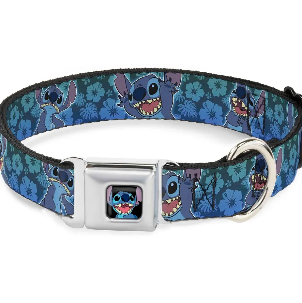 Stitch Smiling CLOSE-UP Full Color Black Seatbelt Buckle Collar - Stitch Expressions/Hibiscus Collage Green-Blue Fade
