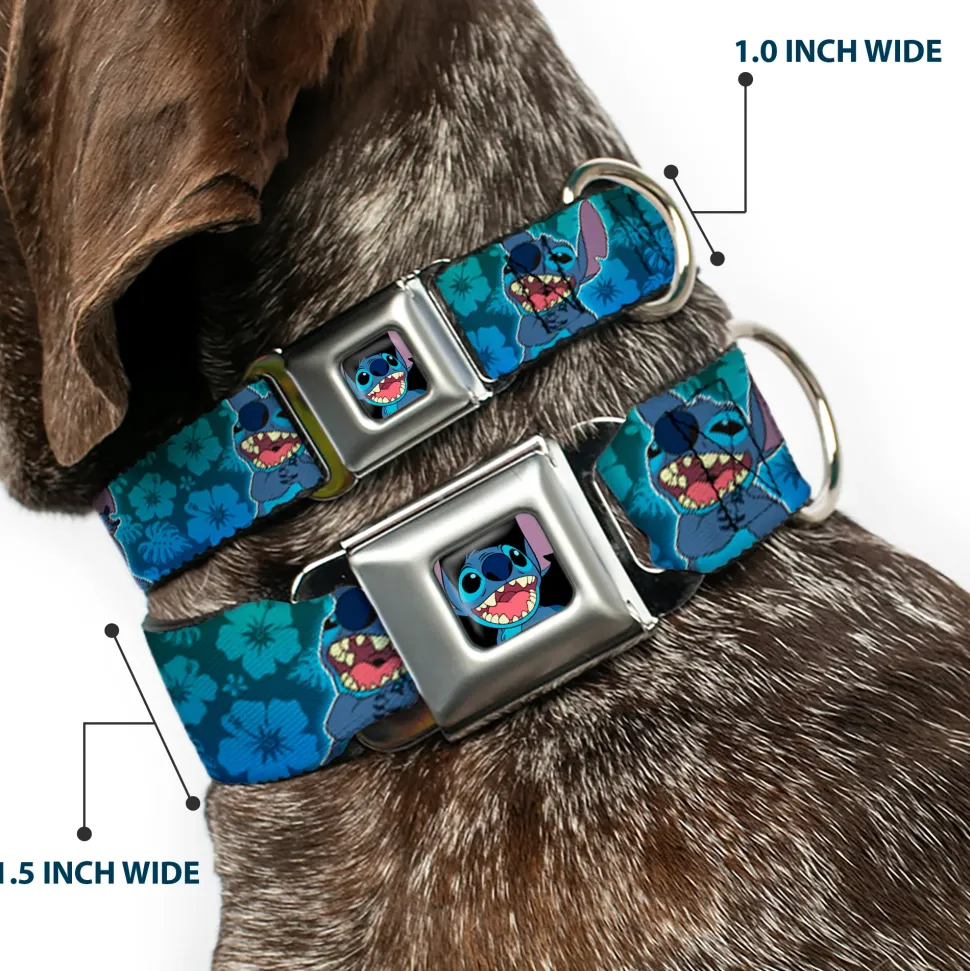 Stitch Smiling CLOSE-UP Full Color Black Seatbelt Buckle Collar - Stitch Expressions/Hibiscus Collage Green-Blue Fade