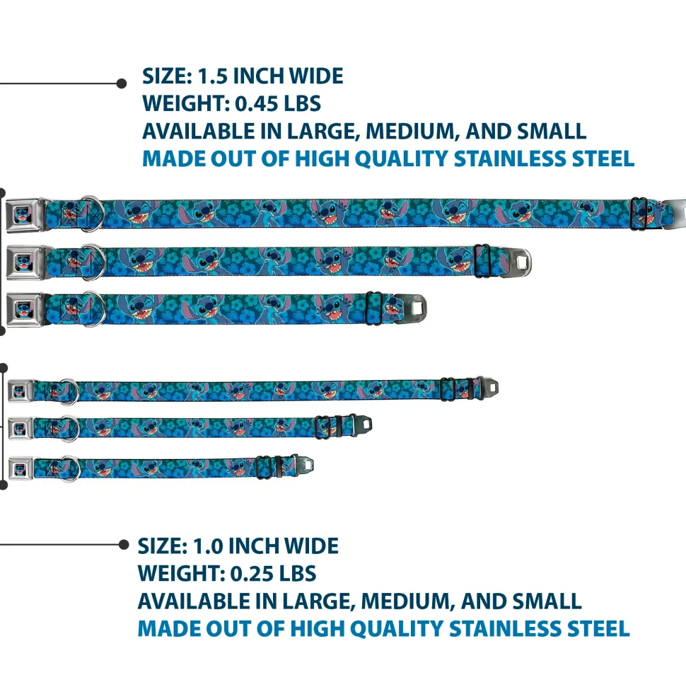 Stitch Smiling CLOSE-UP Full Color Black Seatbelt Buckle Collar - Stitch Expressions/Hibiscus Collage Green-Blue Fade