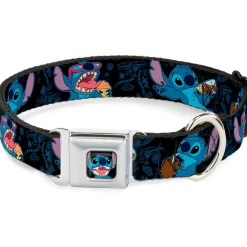 Stitch Smiling CLOSE-UP Full Color Black Seatbelt Buckle Collar - Stitch Snacking Poses Black/Blue
