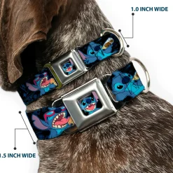 Stitch Smiling CLOSE-UP Full Color Black Seatbelt Buckle Collar - Stitch Snacking Poses Black/Blue