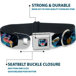 Stitch Smiling CLOSE-UP Full Color Black Seatbelt Buckle Collar - Stitch Snacking Poses Black/Blue