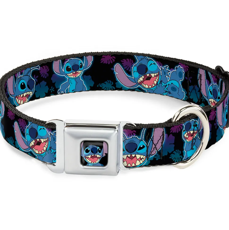 Stitch Smiling CLOSE-UP Full Color Seatbelt Buckle Collar - Stitch 2-Expressions/2-Poses Tropical Flora Black/Purple-Blue Fade