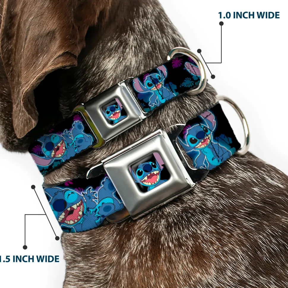 Stitch Smiling CLOSE-UP Full Color Seatbelt Buckle Collar - Stitch 2-Expressions/2-Poses Tropical Flora Black/Purple-Blue Fade