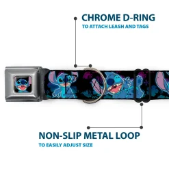 Stitch Smiling CLOSE-UP Full Color Seatbelt Buckle Collar - Stitch 2-Expressions/2-Poses Tropical Flora Black/Purple-Blue Fade