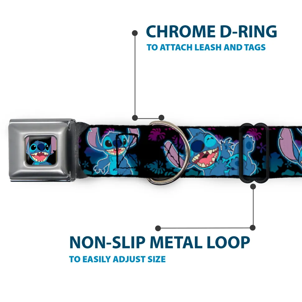Stitch Smiling CLOSE-UP Full Color Seatbelt Buckle Collar - Stitch 2-Expressions/2-Poses Tropical Flora Black/Purple-Blue Fade