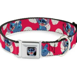 Stitch Smiling Full Color CLOSE-UP Seatbelt Buckle Collar - Lilo & Stitch Stitch 4-Poses/Lilo Dress Leaves Red/Ivory