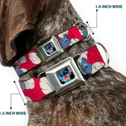 Stitch Smiling Full Color CLOSE-UP Seatbelt Buckle Collar - Lilo & Stitch Stitch 4-Poses/Lilo Dress Leaves Red/Ivory