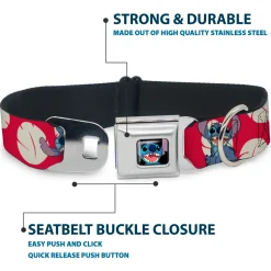 Stitch Smiling Full Color CLOSE-UP Seatbelt Buckle Collar - Lilo & Stitch Stitch 4-Poses/Lilo Dress Leaves Red/Ivory