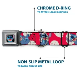 Stitch Smiling Full Color CLOSE-UP Seatbelt Buckle Collar - Lilo & Stitch Stitch 4-Poses/Lilo Dress Leaves Red/Ivory
