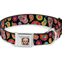 Sugar Skull Starburst Full Color Black/Multi Color Seatbelt Buckle Collar - Bobo Sugar Skull/Paisley Black/Multi Color