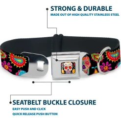 Sugar Skull Starburst Full Color Black/Multi Color Seatbelt Buckle Collar - Bobo Sugar Skull/Paisley Black/Multi Color