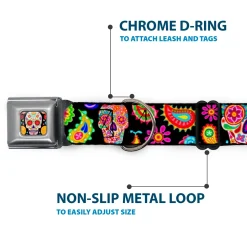 Sugar Skull Starburst Full Color Black/Multi Color Seatbelt Buckle Collar - Bobo Sugar Skull/Paisley Black/Multi Color