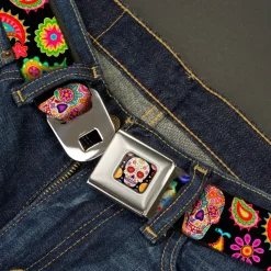 Sugar Skull Starburst Full Color Black/Multi Color Seatbelt Belt - Bobo Sugar Skull/Paisley Black/Multi Color Webbing