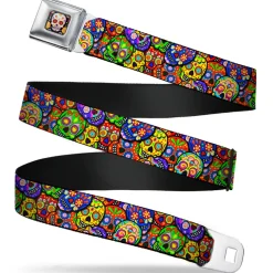 Sugar Skull Starburst Full Color Black/Multi Color Seatbelt Belt - Colorful Calaveras Stacked Multi Color Webbing