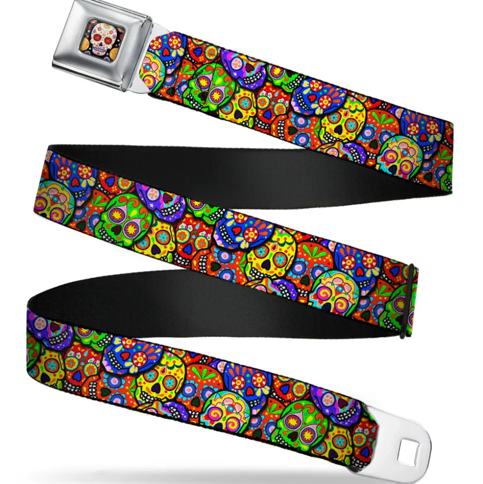 Sugar Skull Starburst Full Color Black/Multi Color Seatbelt Belt - Colorful Calaveras Stacked Multi Color Webbing