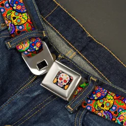 Sugar Skull Starburst Full Color Black/Multi Color Seatbelt Belt - Colorful Calaveras Stacked Multi Color Webbing