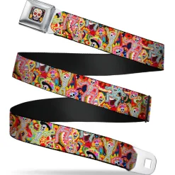 Sugar Skull Starburst Full Color Black/Multi Color Seatbelt Belt - Dancing Catrinas Collage Multi Color Webbing