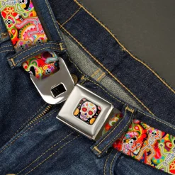 Sugar Skull Starburst Full Color Black/Multi Color Seatbelt Belt - Dancing Catrinas Collage Multi Color Webbing