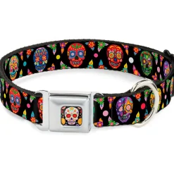 Sugar Skull Starburst Full Color Black/Multi Color Seatbelt Buckle Collar - Colorful Calaveras Black/Multi Color