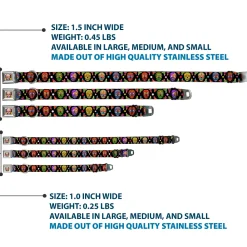 Sugar Skull Starburst Full Color Black/Multi Color Seatbelt Buckle Collar - Colorful Calaveras Black/Multi Color