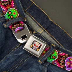 Sugar Skull Starburst Full Color Black/Multi Color Seatbelt Belt - Six Sugar Skulls Multi Color Webbing