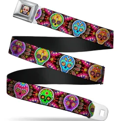 Sugar Skull Starburst Full Color Black/Multi Color Seatbelt Belt - Six Sugar Skulls Multi Color Webbing