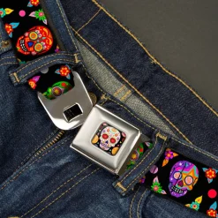Sugar Skull Starburst Full Color Black/Multi Color Seatbelt Belt - Colorful Calaveras Black/Multi Color Webbing