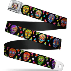 Sugar Skull Starburst Full Color Black/Multi Color Seatbelt Belt - Colorful Calaveras Black/Multi Color Webbing