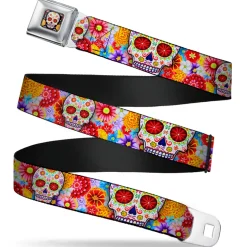 Sugar Skull Starburst Full Color Black/Multi Color Seatbelt Belt - Sugar Skull Starburst White/Multi Color Webbing