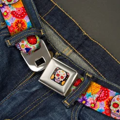 Sugar Skull Starburst Full Color Black/Multi Color Seatbelt Belt - Sugar Skull Starburst White/Multi Color Webbing