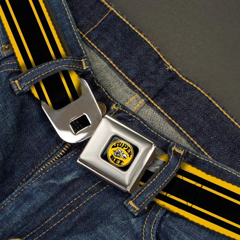 SUPER BEE Logo Full Color Black Yellow White Seatbelt Belt - SUPER BEE Logo/Stripes Black/Yellow/White Webbing