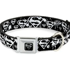 Superman Black Silver Seatbelt Buckle Collar - Superman Shield Splatter Black/White