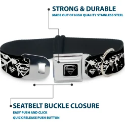 Superman Black Silver Seatbelt Buckle Collar - Superman Shield Splatter Black/White