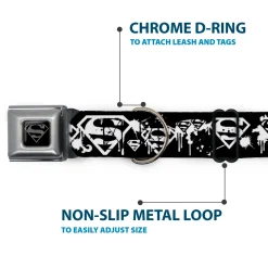Superman Black Silver Seatbelt Buckle Collar - Superman Shield Splatter Black/White