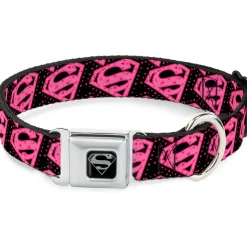 Superman Black Silver Seatbelt Buckle Collar - Diagonal Superman Logo w/Hearts Black/Pink