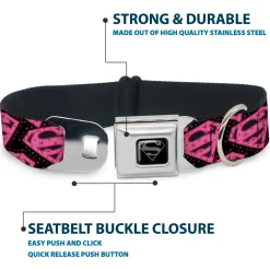 Superman Black Silver Seatbelt Buckle Collar - Diagonal Superman Logo w/Hearts Black/Pink