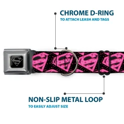 Superman Black Silver Seatbelt Buckle Collar - Diagonal Superman Logo w/Hearts Black/Pink