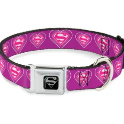 Superman Black Silver Seatbelt Buckle Collar - Superman Logo in Heart Purple/White/Pink