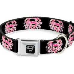 Superman Black Silver Seatbelt Buckle Collar - Super Shield Hibiscus Design Black/Pink